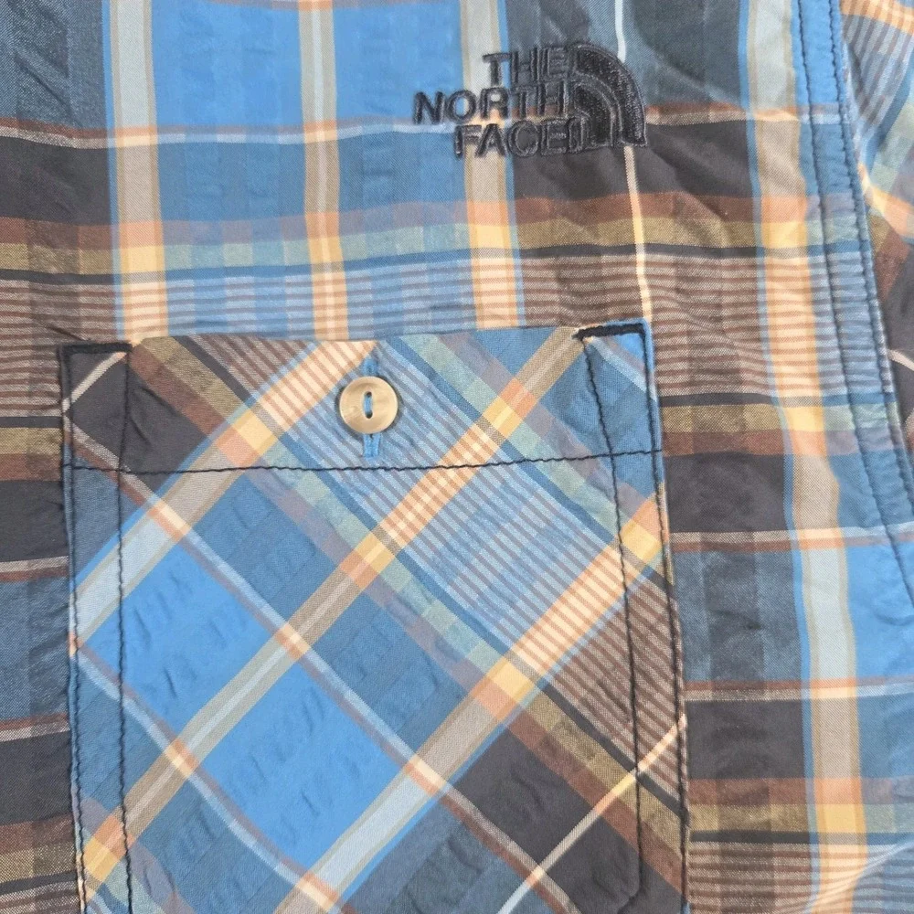 The North Face Mens Blue Plaid Seersucker Short Sleeve Button Shirt Size XXL